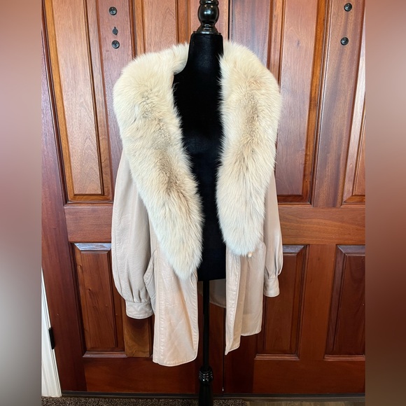 J. Percy For Marvin Richards Blush Beige Leather Coat Silver Fox Fur Collar Sz M - Picture 1 of 13
